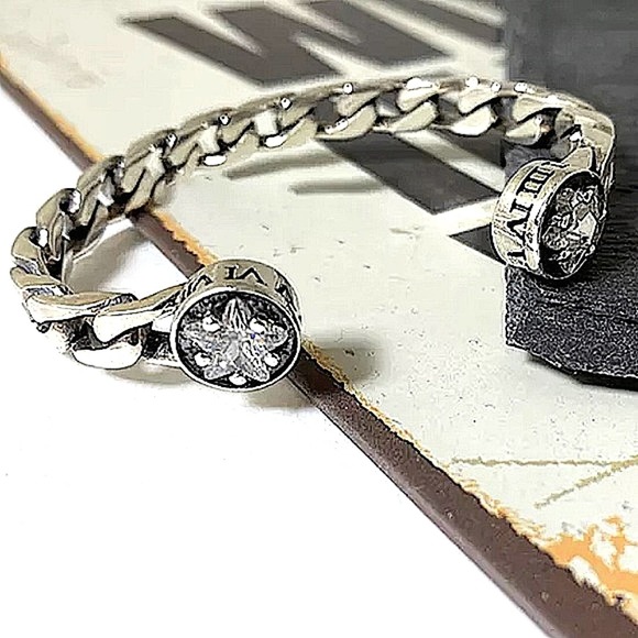 Vintage Sterling Silver Star Zircon Bangle Cuff Chain Link Design Bracelet - Picture 4 of 11
